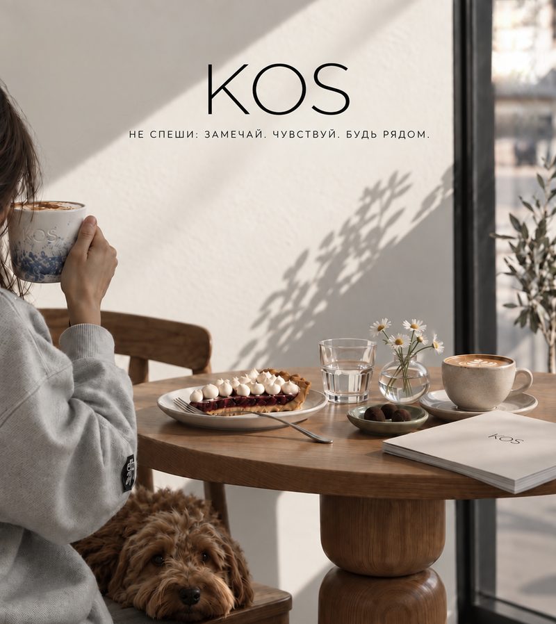 A KOS guest with a cup of coffee and a dog; cappuccino, berry tart and daisies on the table